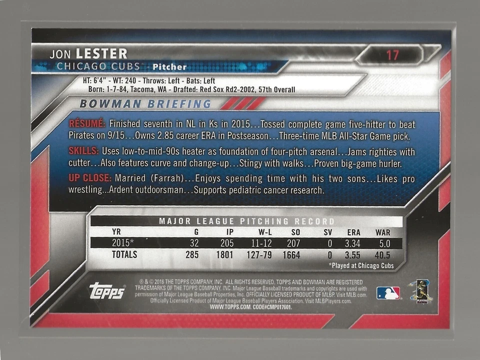 2016 Bowman Jon Lester Chicago Cubs (#17) - Image 2 of 2