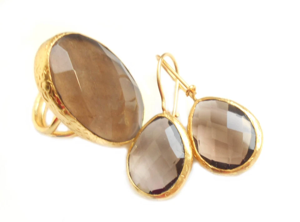 Ring groß + Ohrringe Set Rauchquarz  - Messing vergoldet + Box IFE28rqs2