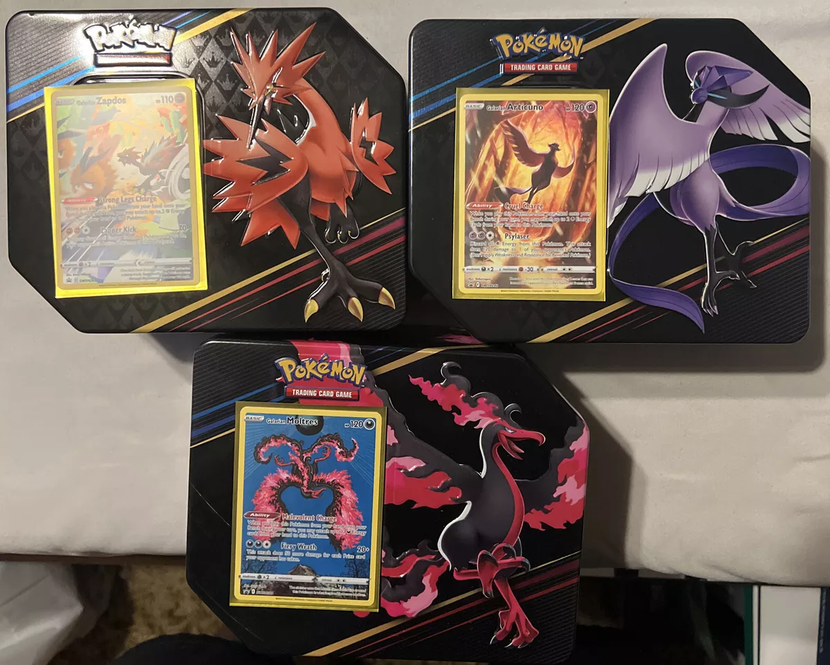 Pokemon: Crown Zenith Galarian Articuno, Zapdos, and Moltres Tins