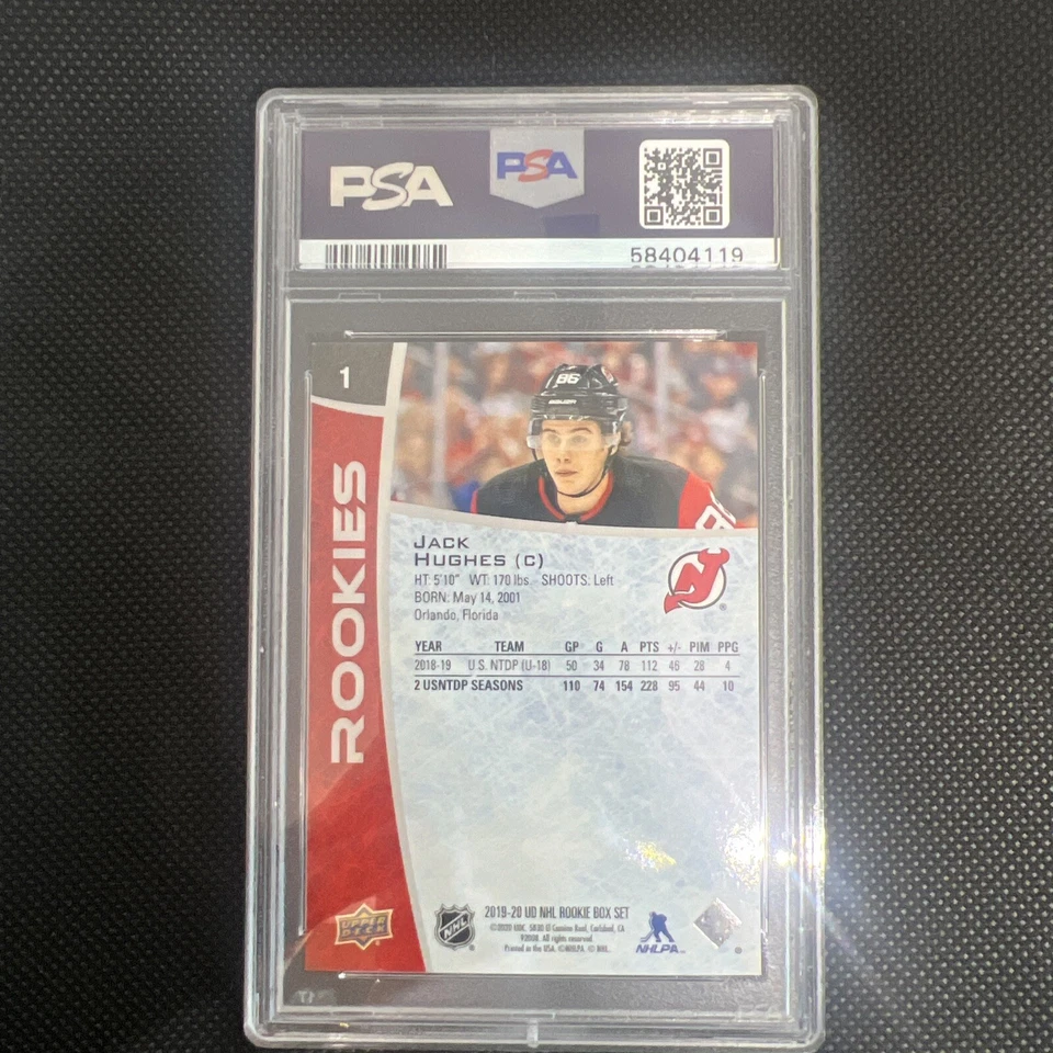 2019-20 Upper Deck Rookie Box Set Jack Hughes #1 PSA 9 MT Rookie RC - Image 2 of 2