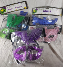 5 lot Mardi Gras Costume Masquerade Mask Green Purple Pink Blue Feathers
