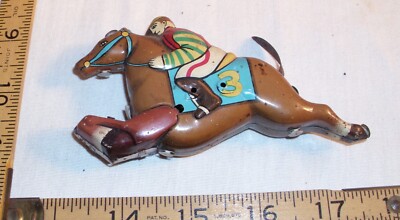 #3 RACE HORSE STEEPLE CHASE FIGURE TIN WIND UP TOY PART 1950s