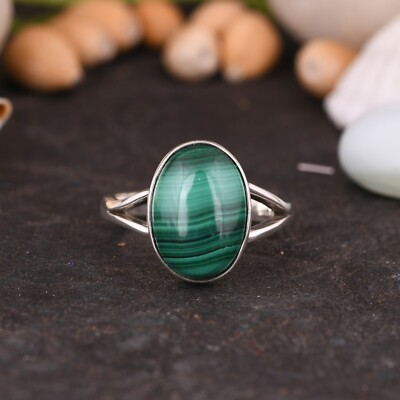 Oval Green Malachite Gemstone Ring Unisex 925 sterling Silver Spilt Band Ring