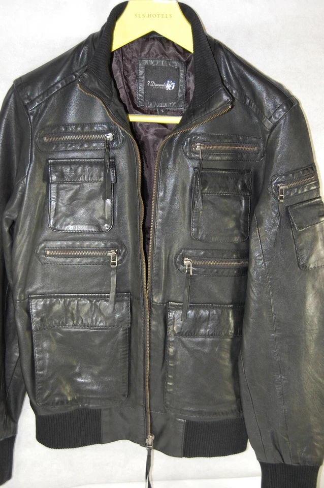 HOMBRE: S 7 DIAMANTES CUERO REAL MOTOCICLISTA MONTAR OFICIAL MILITAR CHAQUETA NEGRA Foto 3 de 4