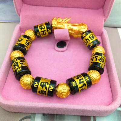 Men's 14mm thick brave troops six character mantra 24K  YELLOW GOLD GP Bracelet