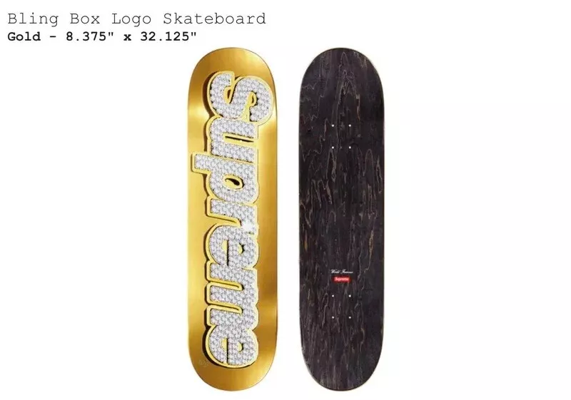 SUPREME BLING BOX LOGO SKATEBOARD (GOLD) SS22 KAWS CHALK LOGO SMURFS KERMIT