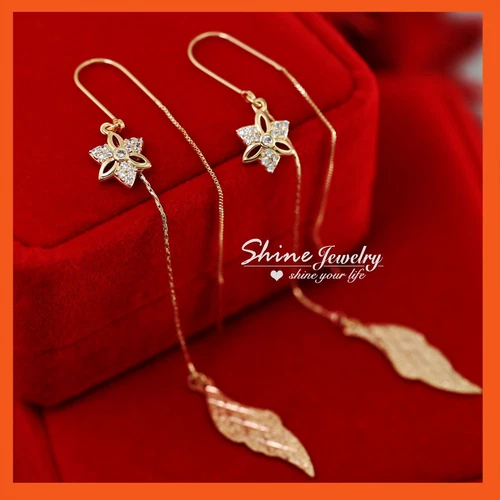 9K Rose Gold GF Boho Flower Leaf Drop Dangle Long Chain Threader Earrings Gift