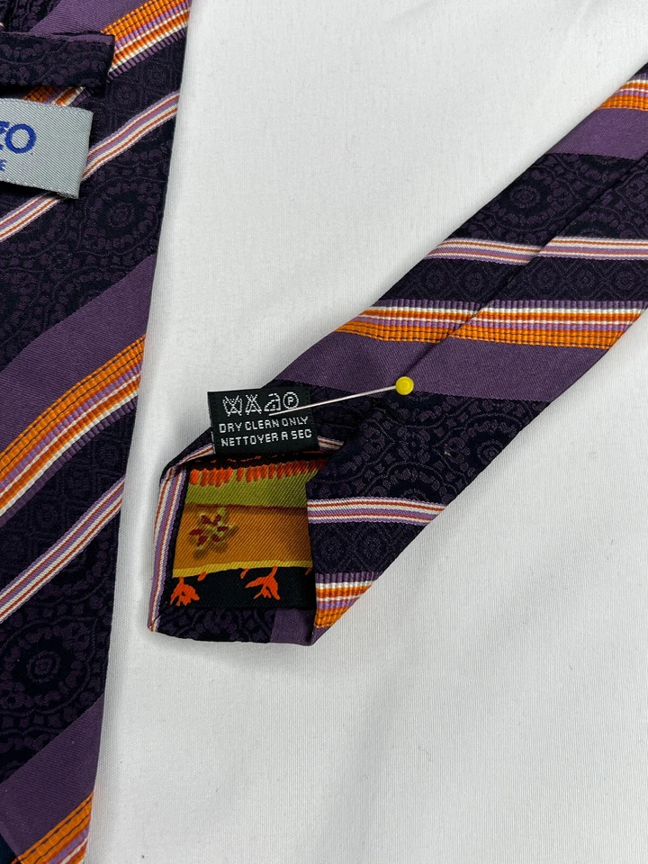 Corbata vintage Kenzo Silk Rep púrpura lavanda naranja gris rayas 1990 hecha en Italia Foto 4 de 4