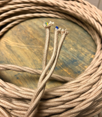 Tan (Beige) Twisted 3-Wire Cloth Covered Cord, 18ga Vintage Antique Lights Rayon