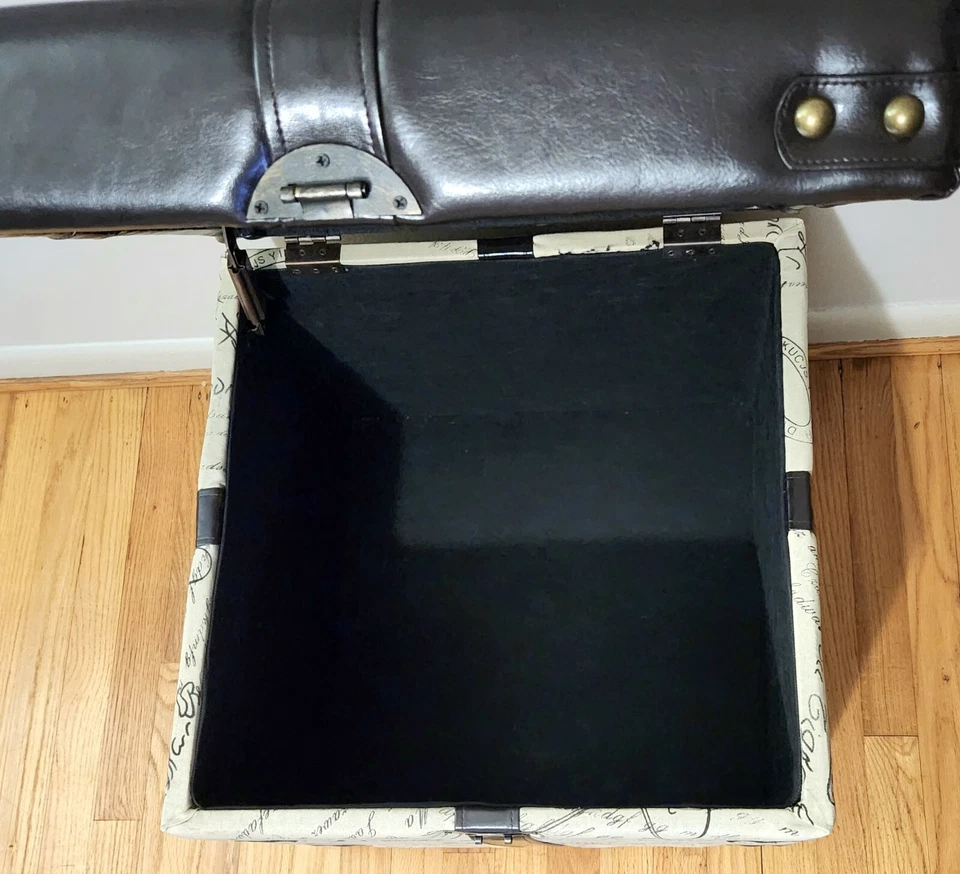 Faux Leather Ottoman Storage Cube Script Upholstered with Nail Heads Read Detail - Image 4 of 4