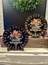Vintage Pair of Handpainted Ceramic Toleware 12" Decorative Plates Floral Motif