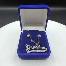 Grandma Rhinestone Script Pendant Necklace Silver Tone Statement Gift for Her