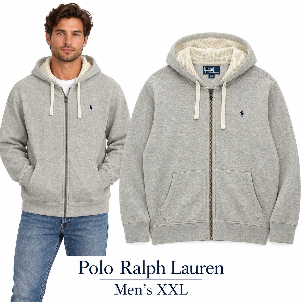 Polo Ralph Lauren Mens XXL Gray Full Zip Hoodie Waffle Lined Hood Vintage