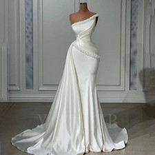 Satin Pearl Wedding Dress Luxury One Shoulder Mermaid Side Train Bridal Gown