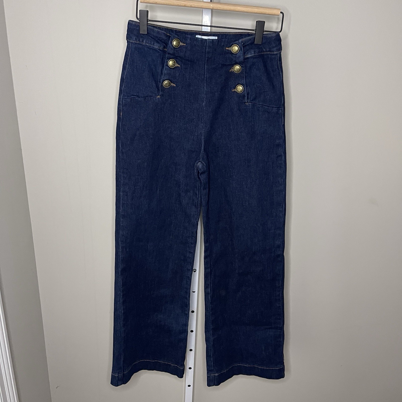 Oraje Paris Sailor Button High Rise Wide Leg Jeans Dark Wash Size 38 Mediu