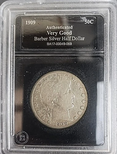 1909 Barber Silver Half Dollar Coin Authenticated BA17-00049-069
