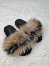 Woman s Real Fur Slide Slides w/Brown and BlackAccents Indoor Outdoor 9/10