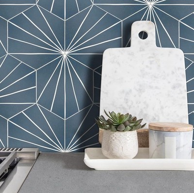 Art Deco Hexagon 6 In. X 7 In. Blue Peel and Stick Backsplash Stone Composite