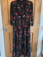 Zara premium collection black rose print collared maxi shirt dress die medium