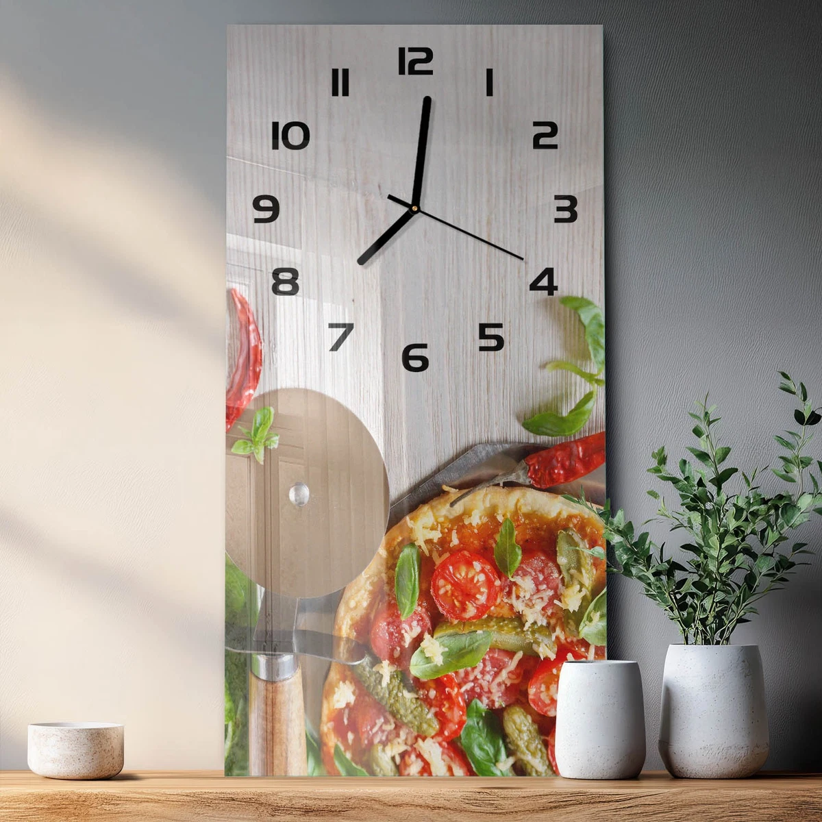 Reloj de Pared Rectangular Vertical Elegante de Vidrio Templado Pizza 30x60 cm