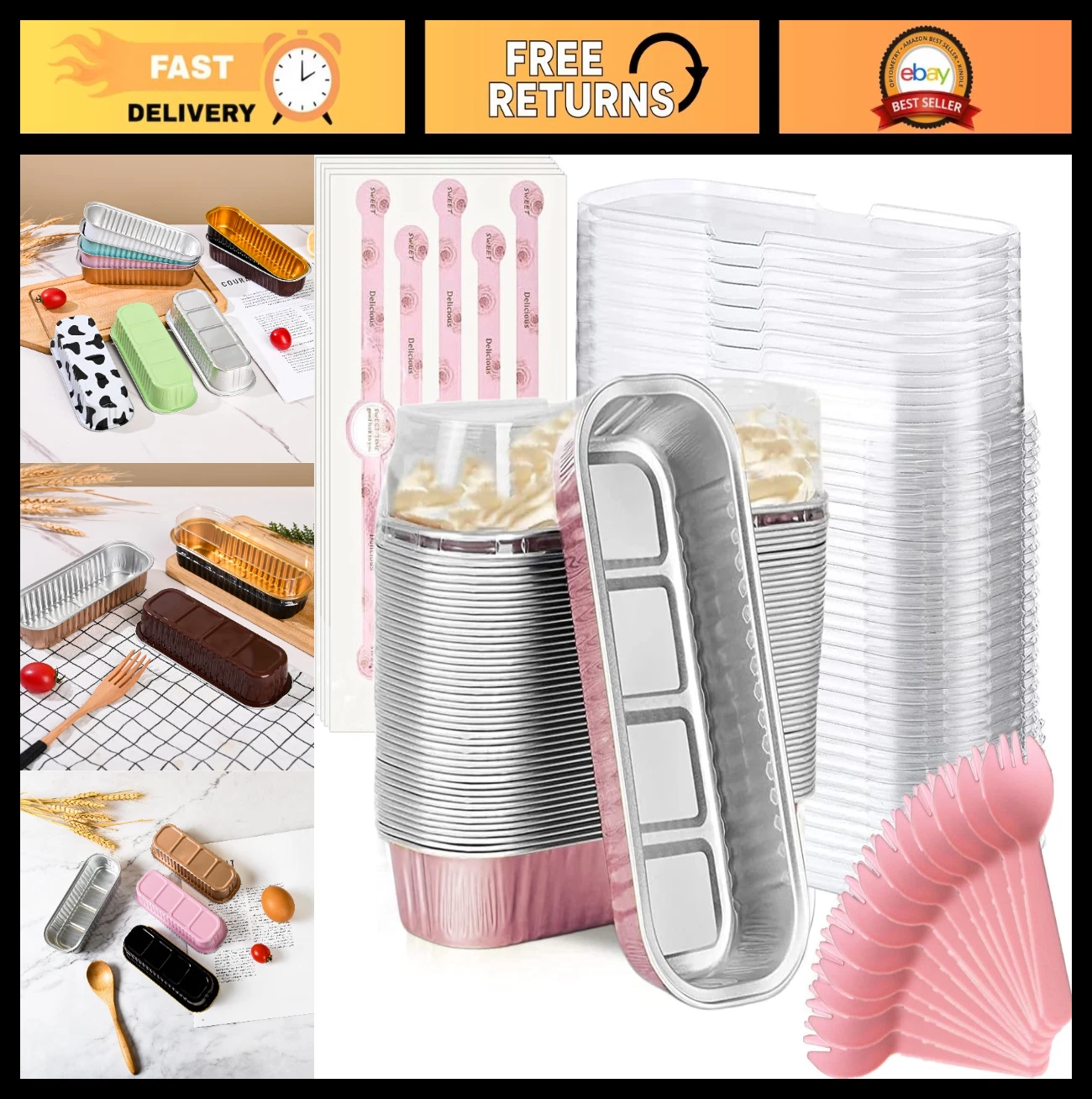 50 Pack Mini Loaf Baking Pans with Lids & Spoons - Aluminum Foil Tins for Cupcak
