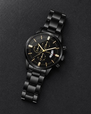 Genf Herren Schwarz Quarzuhr Edelstahl Armband Analog Datum Dress Watch