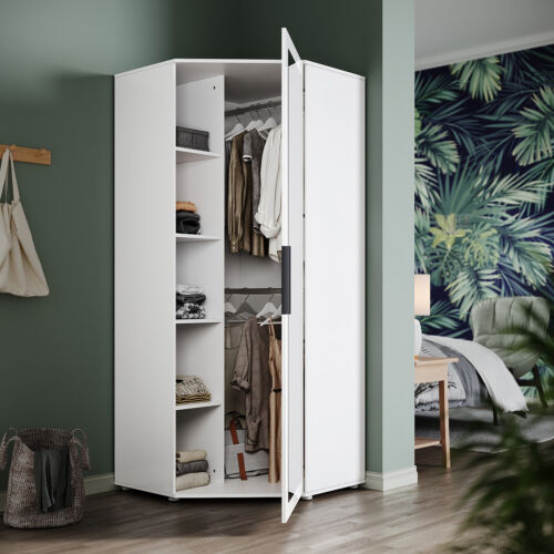 White High Gloss Corner Wardrobe Door Cupboard with Mirror Hanging Rail Shelves - Picture 2 of 12