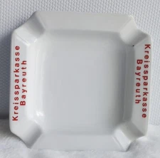 Vintage Germany Bayreuth District Savings Bank Ashtray White Red Decals 4 Rests 