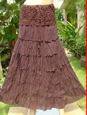 Low Priced Thai Plain Crochet 6 tiered Summer beach Cotton ALine Boho long Skirt brown SL