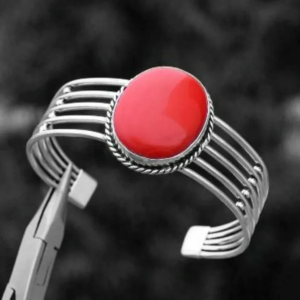 Hermoso brazalete precioso hecho a mano de plata de ley 925 maciza de coral rojo para mujer, M615 Foto 2 de 4