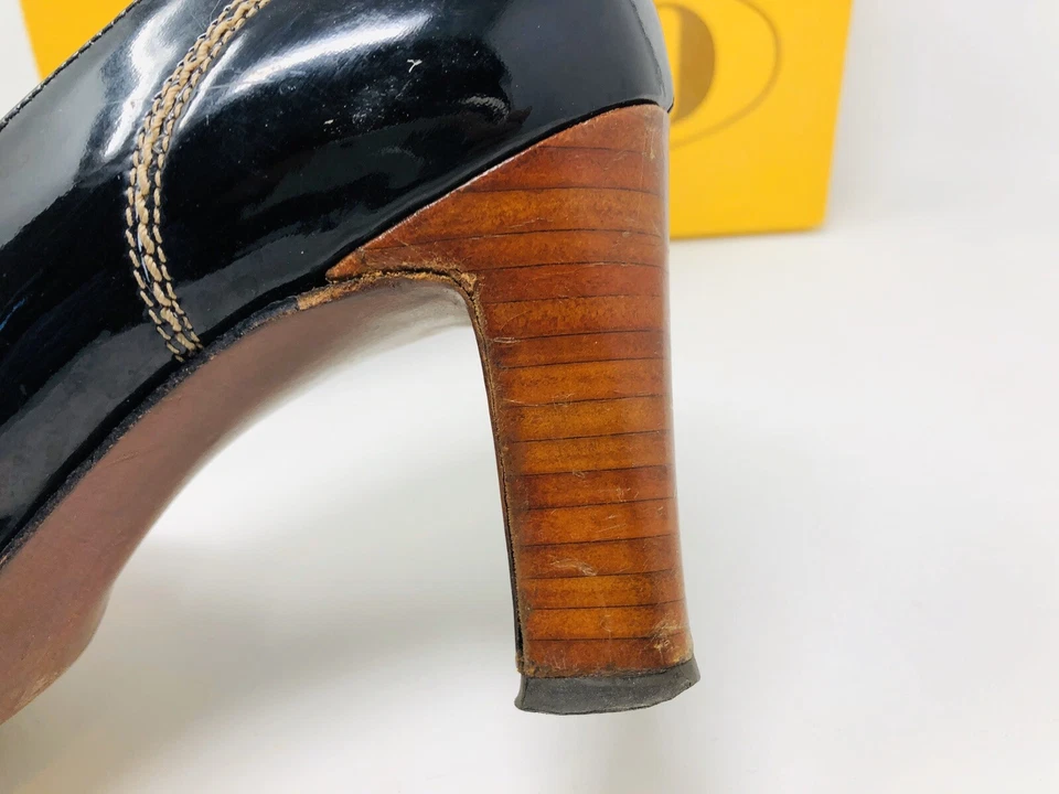 Zapatos de salón vintage DeLiso de charol negro madera punta cerrada talla 7B MB19 Foto 3 de 4