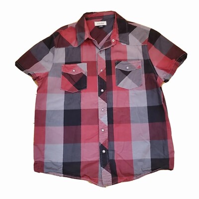 Anchor Blue Shirt Men's Size Large Western Pearl Snaps Plaid Cotton VGUC