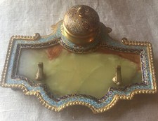 Antique Victorian French Champleve Enamel Bronze Onyx Inkwell Pen Holder Tray 