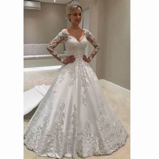 Vintage V Neck Wedding Dresses Long Sleeve Lace Appliques A Line Bridal Gowns