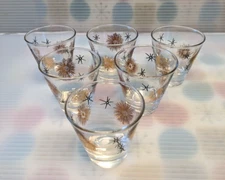 MCM Vintage Federal Glass 4 oz Gold & Black Starburst Cordial Glass Set of 6