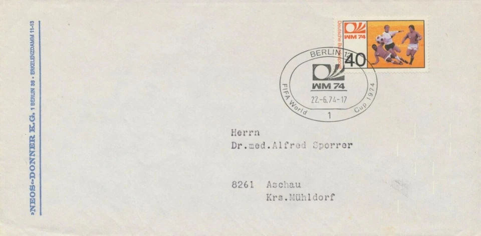 BERLIN 1974 Fußballweltmeisterschaft 40 Pf EF Pra.-Brief mit SST BERLIN FIFA - Bild 1 von 1