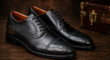 Men  s Black Leather Cap Toe Brogue Oxford Handmade Luxury Formal Dress Shoes