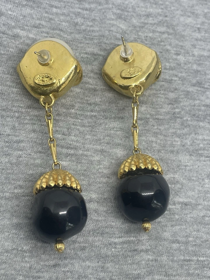 Vintage Signed Robert Rose Faux Pearl Black Bead GoldTone Post Dangle Earrings - Image 2 of 4