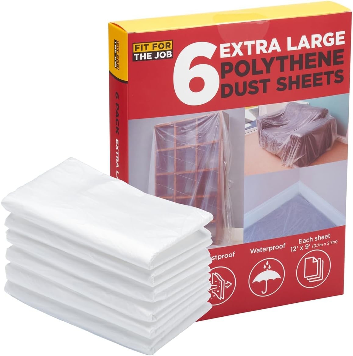 Fit For The Job 6 pack 12ft x 9ft 3.6m x 2.7m Total 650sqft Polythene Dust New