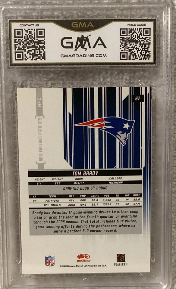 2005 Leaf RC's & Stars Longevity Tom Brady #57 184/299 Patriots - GMA NM-MT+ 8.5 - Image 2 of 3