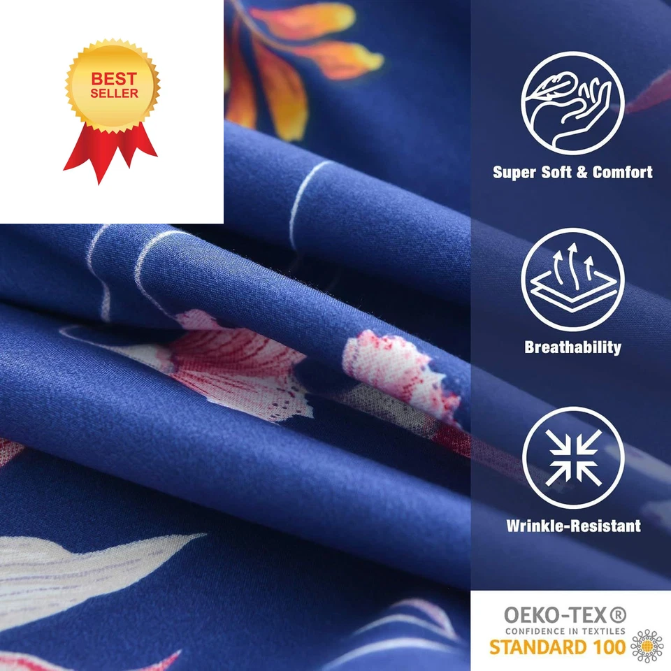 JSD Navy Blue Floral Printed King Sheet Set, 6 Piece Botanical King, - Image 4 of 4