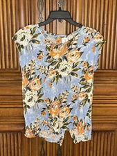 Joie Women Top Medium Blue Boho Linen Flowers Flowing Flyaway Back Vacation