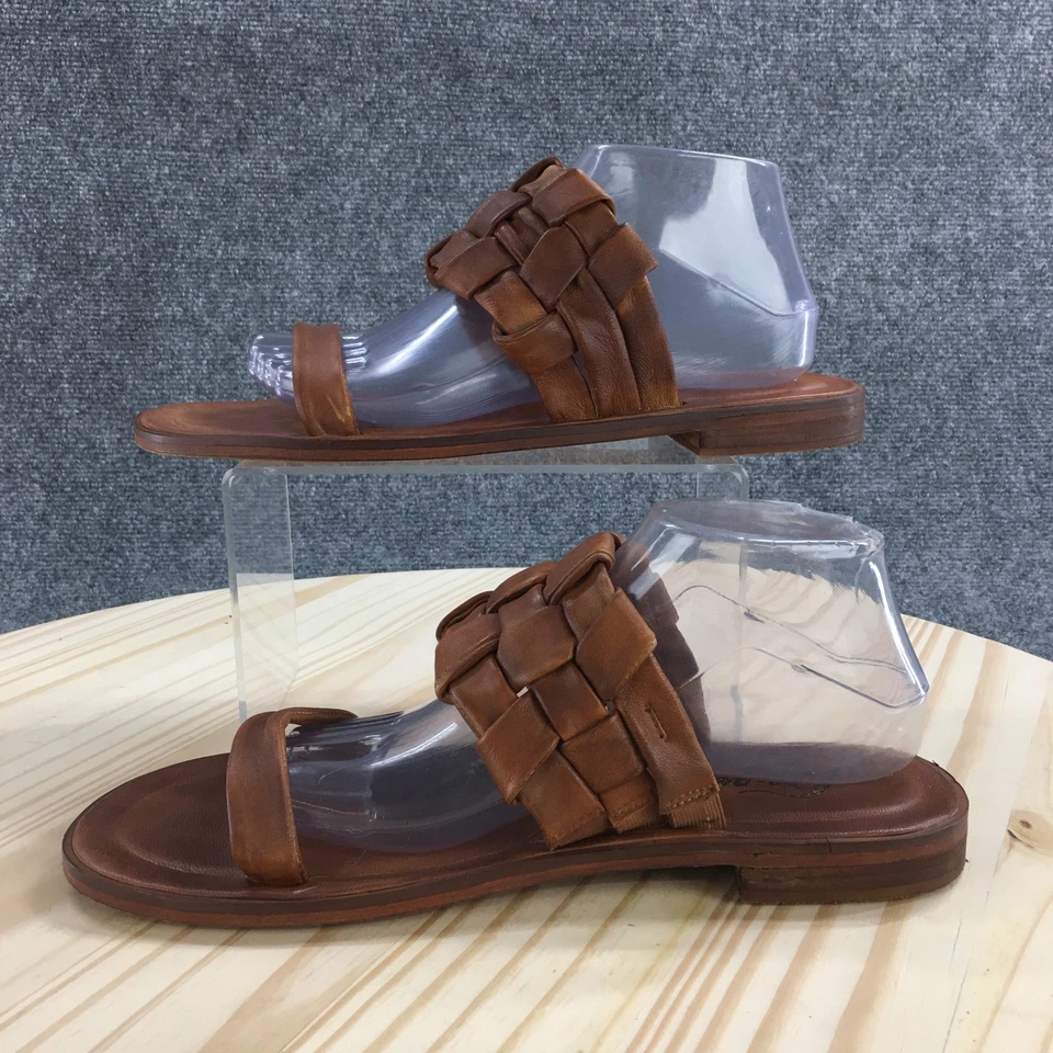 Free People Sandals Womens 41 Slide Brown Leather Woven Strap Open Toe Slip On - Image 2 of 4