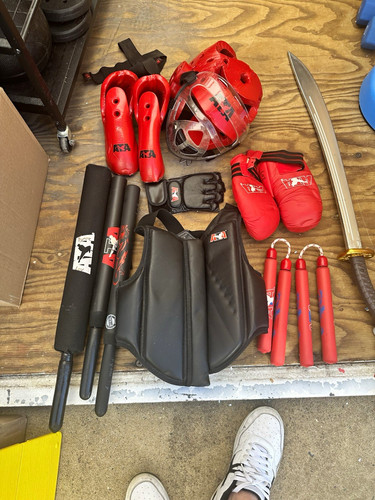 ATA Martial Arts Sparring Gear Lot Headgear Gloves Chest Protector Nunchaku
