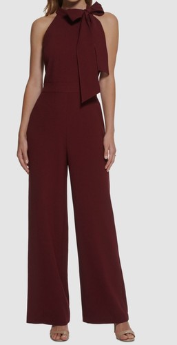 Vince Camuto Women's Red Signature Stretch Crepe Bow-Neck Halter Jumpsuit Sz 12