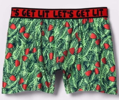 Mens Fun Christmas Boxer Brief Tree Lets Get Lit Lights Green S M