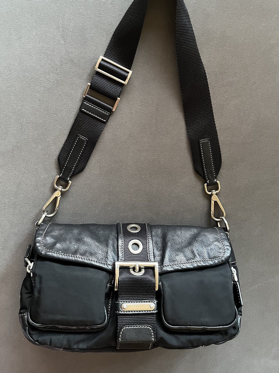 PRADA Belt Buckle Shoulder Bag Handbag - Black Nylon Leather PRADA Belt Buckle Shoulder Bag Handbag - Black Nylon Leather