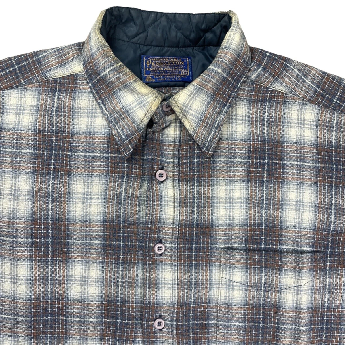 Vintage 70s Pendleton Wool Button Up Flannel Shirt Shadow Plaid Medium USA Made