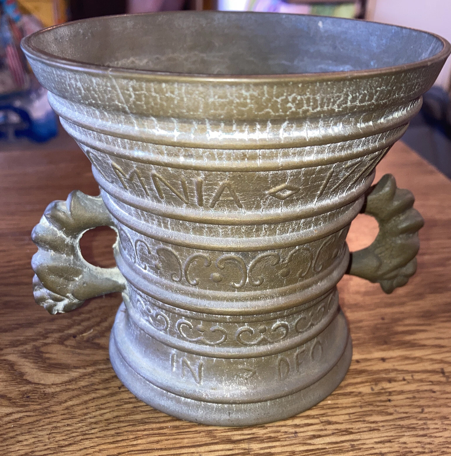 Old Bronze Mortar with Double Handles," 1771 Amor Vincit Spec Mea in Deo Omnia"