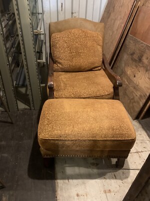 Whittemore-Sherrill genuine brown leather and upholstery arm chair with ottoman